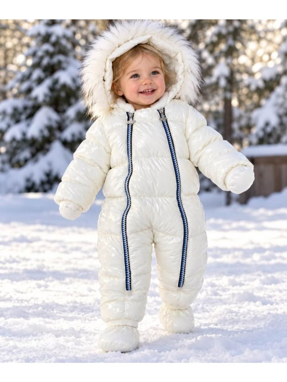 Mother’s Babybear White Puffer Snowsuit 18-24M Faux Fur Hood Winter One Piece